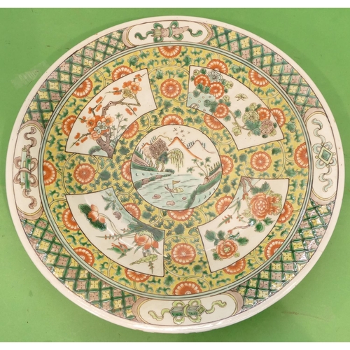 146 - An 18th Century Oriental Round Charger on yellow, white and green ground having panels depicting riv... 