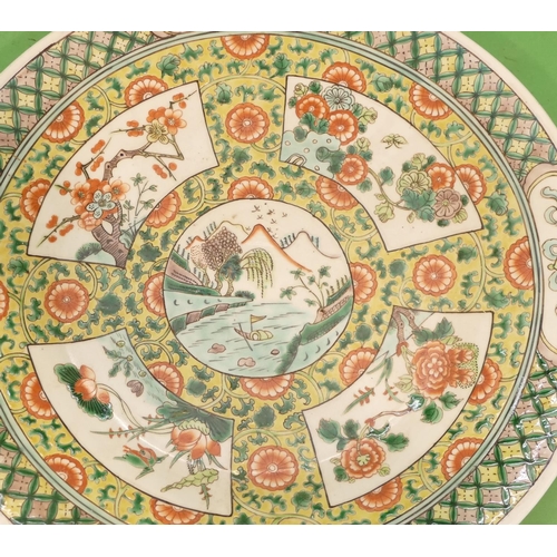 146 - An 18th Century Oriental Round Charger on yellow, white and green ground having panels depicting riv... 