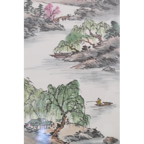 153 - An Oriental Watercolour depicting river landscape with mountains in background, framed, 92cm x 32.5c... 