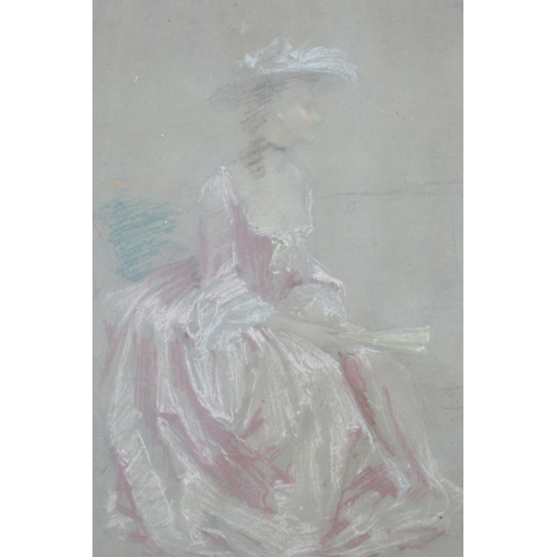 162 - Samuel Melton Fisher, 19th Century Pastel Full Length Portrait of a seated lady holding a fan in red... 