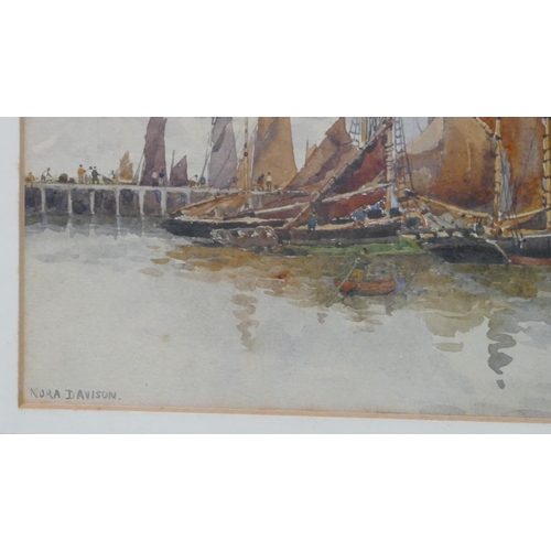 189 - Nora Davison, Marine Watercolour depicting sailing boats in harbour, signed, in gilt frame, 17.5cm x... 