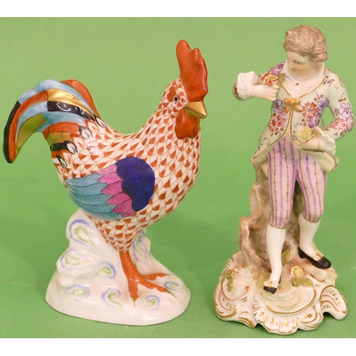 19 - A Herend China Figure of a cockerel on multicoloured ground, 14cm high, also a continental china fig... 