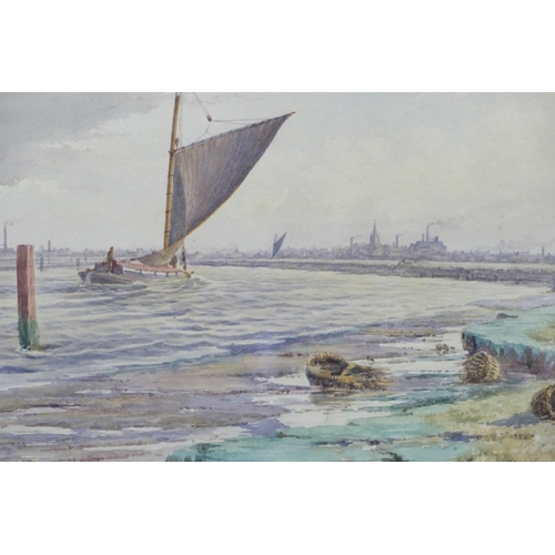 190 - Stephen John Batchelder, Marine Watercolour, sailing barge coming down estuary with town in backgrou... 