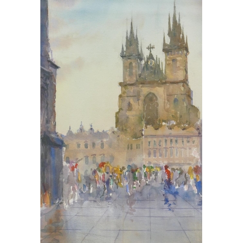 194 - Dennis La Scelles, Continental Watercolour depicting various figures in Prague with church in backgr... 