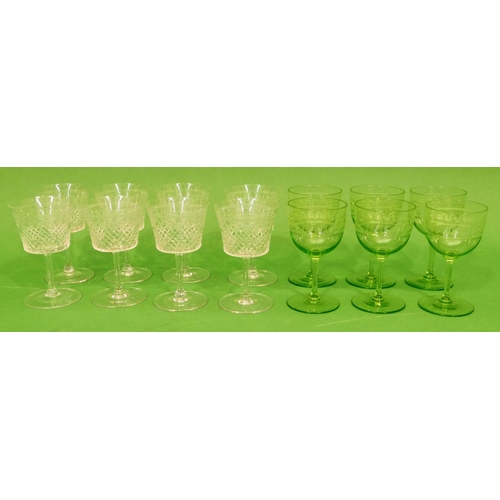 2 - A Set of 8 x Engraved Dessert Wine Glasses, also a set of 6 green similar glasses having key pattern... 