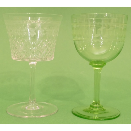 2 - A Set of 8 x Engraved Dessert Wine Glasses, also a set of 6 green similar glasses having key pattern... 