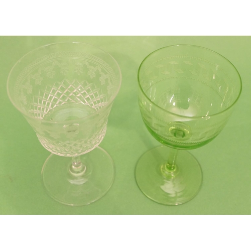 2 - A Set of 8 x Engraved Dessert Wine Glasses, also a set of 6 green similar glasses having key pattern... 