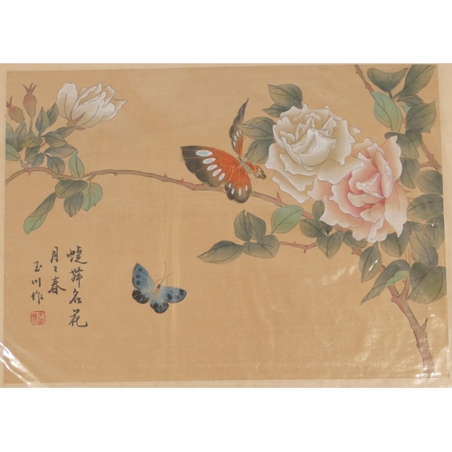 210 - A Pair of Oriental Watercolours on silk depicting butterflies, mounted but unframed, 20cm x 28cm, al... 