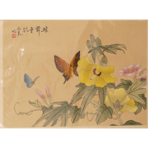 210 - A Pair of Oriental Watercolours on silk depicting butterflies, mounted but unframed, 20cm x 28cm, al... 