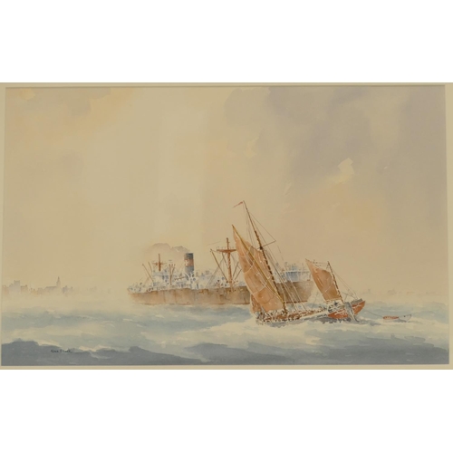 216 - Alan Stark, Marine Watercolour with boat having steam ship behind, signed in gilt frame, 31.5cm x 48... 