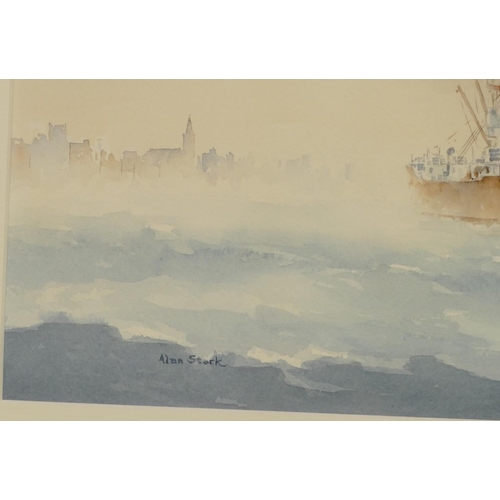 216 - Alan Stark, Marine Watercolour with boat having steam ship behind, signed in gilt frame, 31.5cm x 48... 