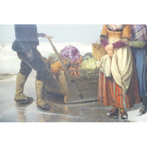 222 - Jean Platteel, 19th Century Oil on Canvas depicting salesman on frozen lake with sledge having ladie... 