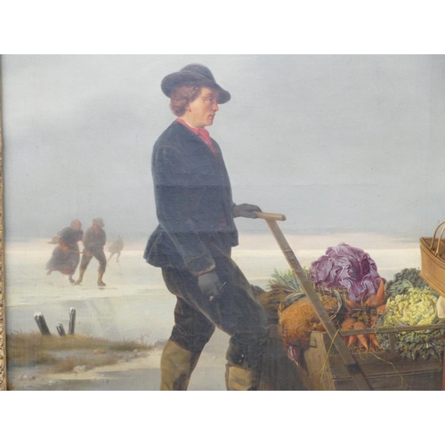 222 - Jean Platteel, 19th Century Oil on Canvas depicting salesman on frozen lake with sledge having ladie... 