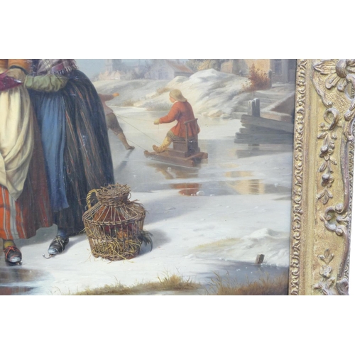 222 - Jean Platteel, 19th Century Oil on Canvas depicting salesman on frozen lake with sledge having ladie... 