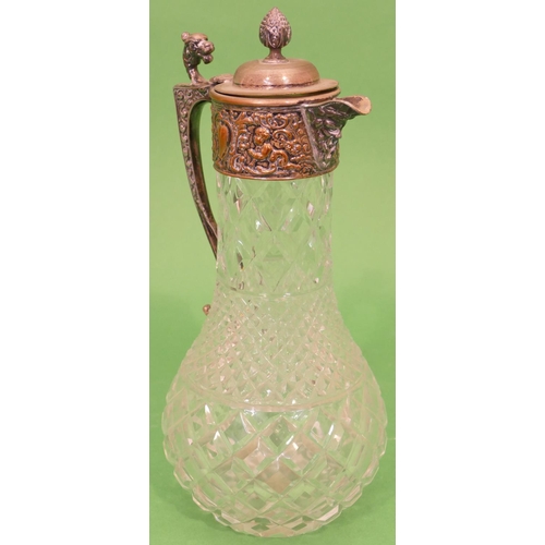 230 - A Cut Glass Round Bulbous Claret Jug having silver plated neck and scroll handle with embossed mask ... 