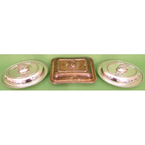 233 - A Pair of Oval Silver Plated Entree Dishes with covers having ball rims, 28.5cm wide, also a silver ... 