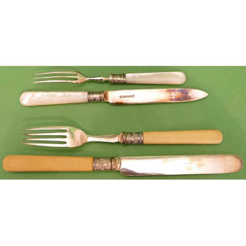 238 - A Set of 6 Silver Plated and Mother of Pearl Handled Fruit Knives and forks having engraved decorati... 