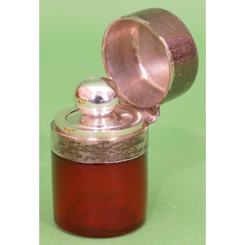 246 - A Ruby Scent Bottle having Birmingham silver hinge lid and neck, enclosing inner stopper, 8.2cm high... 