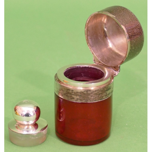 246 - A Ruby Scent Bottle having Birmingham silver hinge lid and neck, enclosing inner stopper, 8.2cm high... 