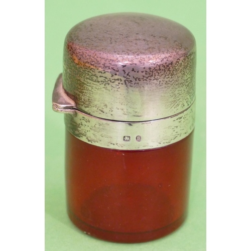 246 - A Ruby Scent Bottle having Birmingham silver hinge lid and neck, enclosing inner stopper, 8.2cm high... 