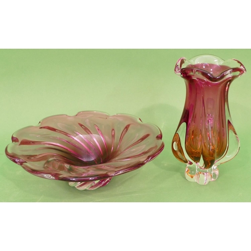 25 - A Modern Czechoslovakian Red Glass Bulbous Trumpet Shaped Vase, 23cm high, also a similar round trum... 