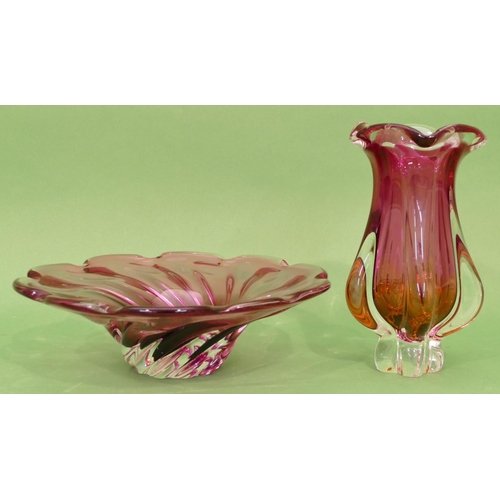 25 - A Modern Czechoslovakian Red Glass Bulbous Trumpet Shaped Vase, 23cm high, also a similar round trum... 