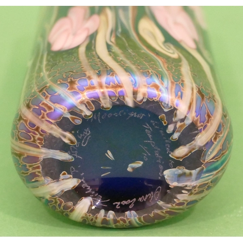 3 - An Okra Iridescent Glass Vase on blue ground with multicoloured floral and leaf decoration, signed R... 