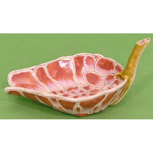 35 - An Oriental Leaf Shaped Dish with stork shaped spout, on pink and green ground, 17.5cm wide.