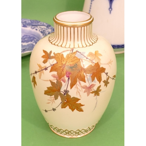 46 - A Crown Derby Round Bulbous Thin Necked Jug on cream ground with multicoloured and gilt leaf and ber... 