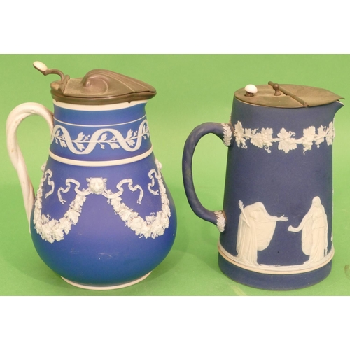 51 - An Adam's Jasperware Blue and White Jug having pewter lid, having raised classical figure decoration... 