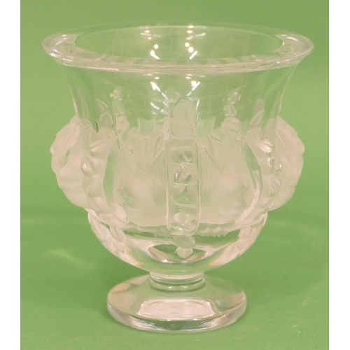 59 - A Lalique Clear and Frosted Glass Bulbous Trumpet Shaped Vase having raised bird motifs, on round ba... 