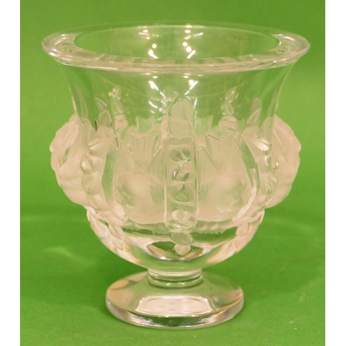 59 - A Lalique Clear and Frosted Glass Bulbous Trumpet Shaped Vase having raised bird motifs, on round ba... 