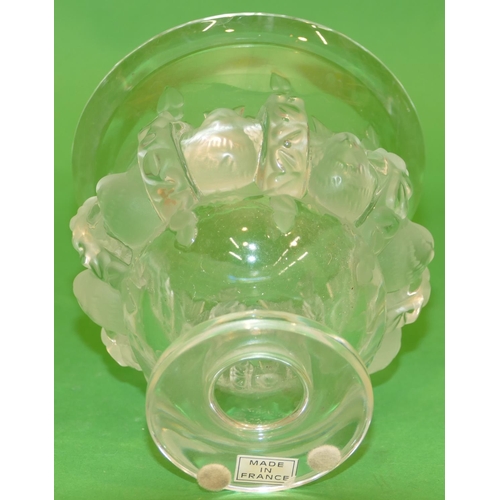 59 - A Lalique Clear and Frosted Glass Bulbous Trumpet Shaped Vase having raised bird motifs, on round ba... 