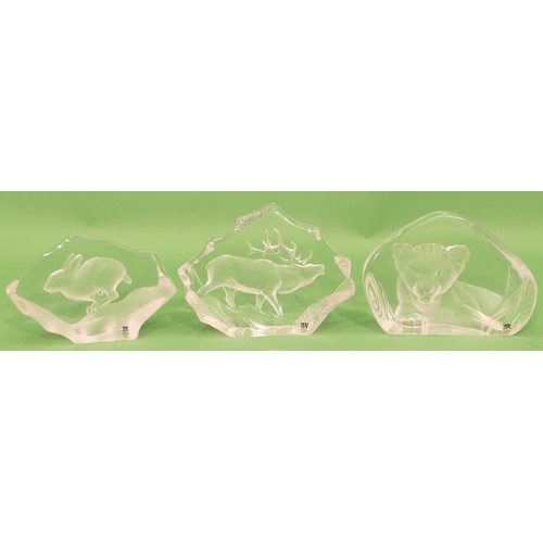 67 - 3 x Mats Jonasson Lead Crystal Sculptures depicting lion cub, hare and stag, largest 14cm high (3).