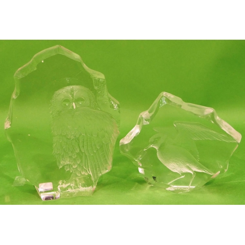 69 - 2 x Mats Jonasson Large Lead Crystal Sculptures depicting owl and bird, largest 22cm high (2).