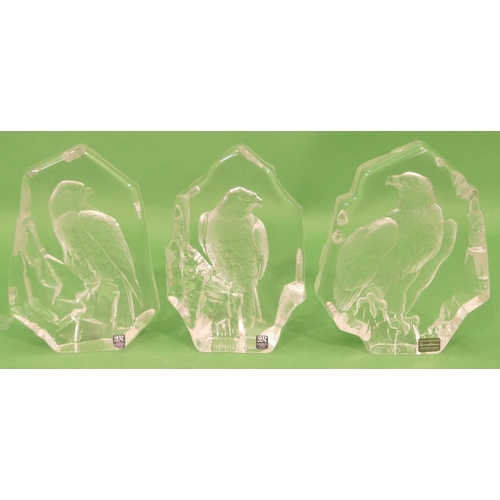 70 - 3 x Mats Jonasson Large Lead Crystal Sculptures depicting birds of prey, largest 19.5cm high (3).