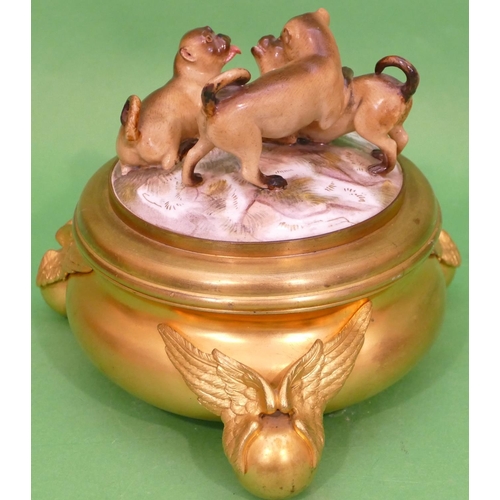 95 - A 19th Century Gilt Metal Round Bulbous Inkwell with Dresden porcelain lid depicting 3 pug dogs, rep... 