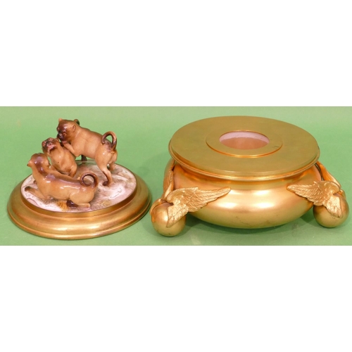 95 - A 19th Century Gilt Metal Round Bulbous Inkwell with Dresden porcelain lid depicting 3 pug dogs, rep... 