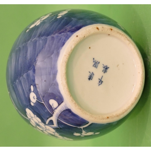 97 - A 19th Century Chinese Round Bulbous Ginger Jar on blue and white ground having blossom and branch d... 