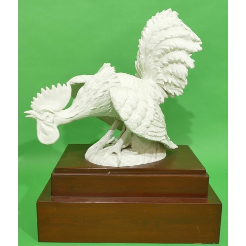 1 - An Italian White China Model of a cockerel, 34cm high, with later hardwood stand.