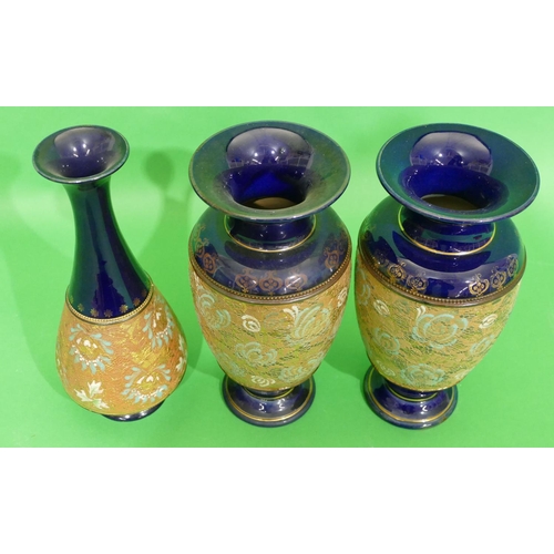 10 - A Pair of Royal Doulton Glazed Earthenware Round Bulbous Thin Necked Trumpet Shaped Vases on blue an... 