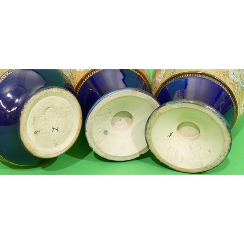 10 - A Pair of Royal Doulton Glazed Earthenware Round Bulbous Thin Necked Trumpet Shaped Vases on blue an... 