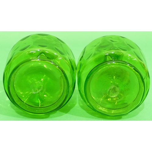 12 - A Pair of Victorian Green and Clear Glass Round Bulbous Thin Necked Claret Jugs with stoppers, 25cm ... 