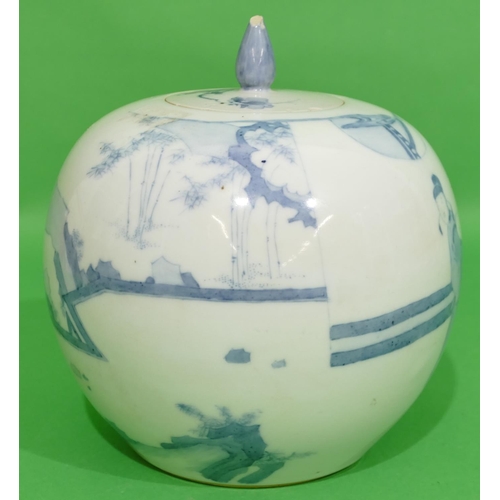 131 - An Oriental Round Bulbous Shaped Lidded Pot on blue and white ground having figure, garden landscape... 