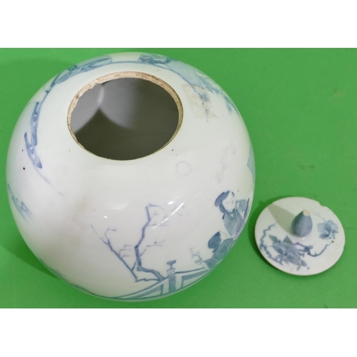 131 - An Oriental Round Bulbous Shaped Lidded Pot on blue and white ground having figure, garden landscape... 