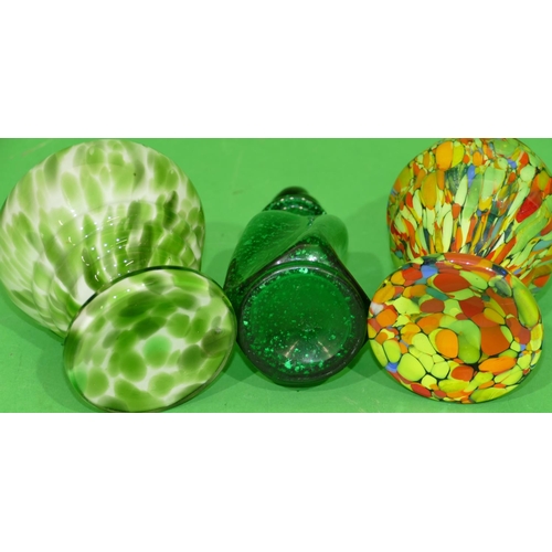 145 - A Slag Glass Multicoloured Round Bulbous Vase having pierced metal cover, 14cm high, a green and opa... 