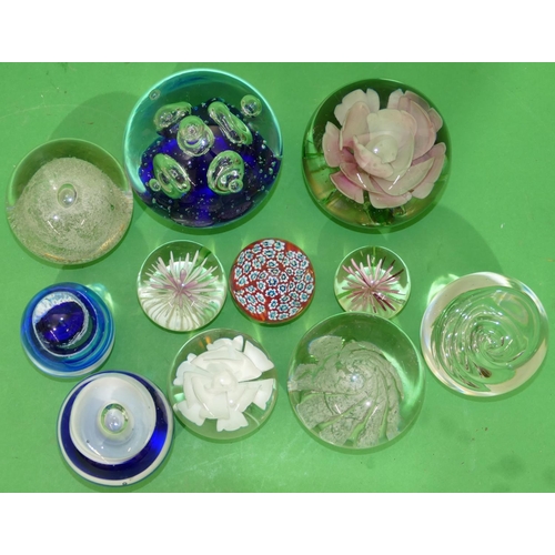 166 - 11 x Various Glass Paperweights, largest 9cm diameter.