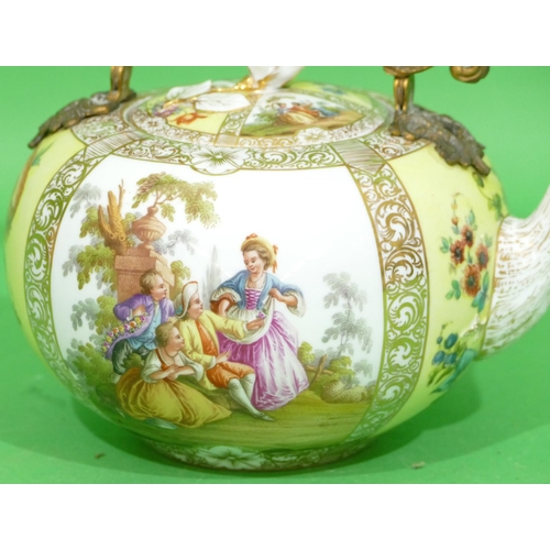 187 - A Dresden Round Bulbous Shaped Porcelain Teapot with cover having gilt metal and china swing overhea... 