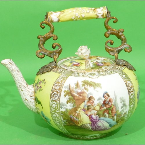 187 - A Dresden Round Bulbous Shaped Porcelain Teapot with cover having gilt metal and china swing overhea... 