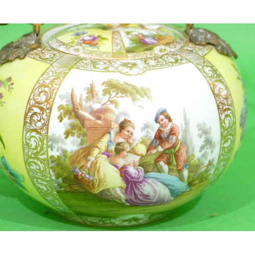 187 - A Dresden Round Bulbous Shaped Porcelain Teapot with cover having gilt metal and china swing overhea... 